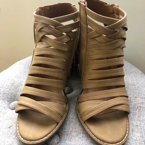 Tan open toe boots